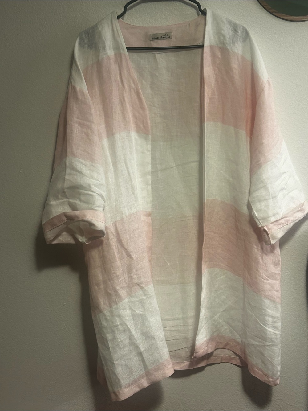 Made in Italy, 100% linen Light Pink & White Striped Open Kimono Jacket - Picture 3 of 9